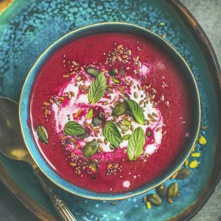 Leuchtend rote Rote-Bete-Suppe in einer Schale, garniert mit frischen Kr&auml;utern und Samen &ndash; Symbolbild f&uuml;r gesunde und w&auml;rmende Detox-Rezepte.