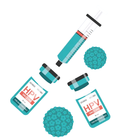 Grafische Darstellung der HPV-Impfung mit Spritze und Impfstoffbeh&auml;ltern.