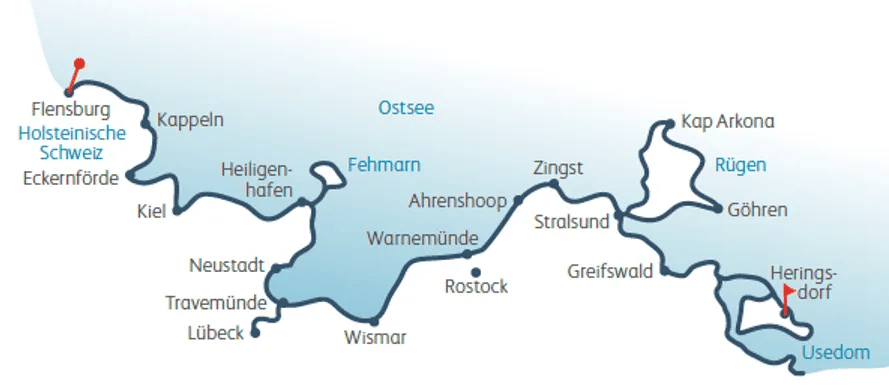 Übersichtskarte des Ostseeküsten-Radwegs von Flensburg über Lübeck und Rügen bis nach Heringsdorf auf Usedom.