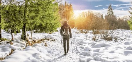 Wanderer mit Trekkingstöcken auf einem schneebedeckten Waldweg bei Sonnenaufgang.