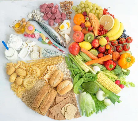 Ausgewogene Auswahl an Lebensmitteln wie Obst, Gem&uuml;se, Brot, Fisch, Fleisch und Milchprodukte, arrangiert in einem Kreis auf einem wei&szlig;en Hintergrund zur Veranschaulichung einer gesunden Ern&auml;hrung.