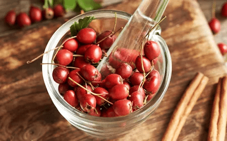 Rote Wei&szlig;dornbeeren in einem Glasm&ouml;rser mit St&ouml;&szlig;el auf einem Holzbrett.