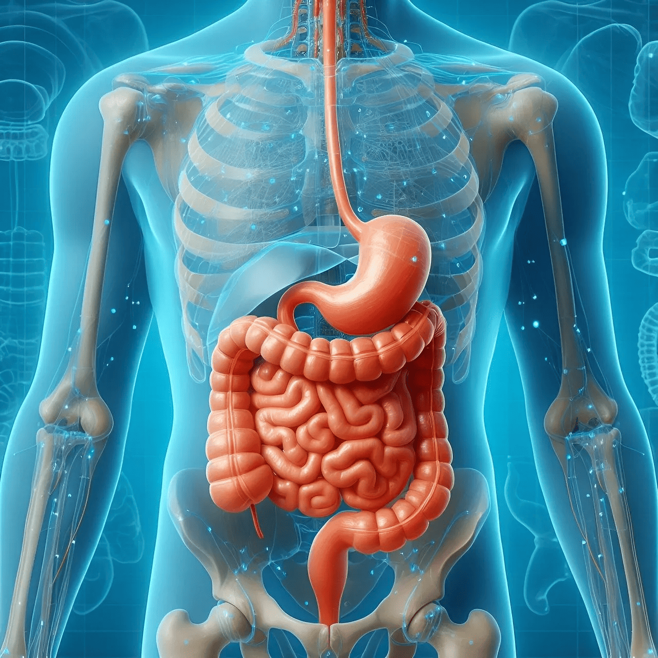 Medizinische Illustration des menschlichen Verdauungstrakts in einem transparenten Körper: Magen, Dünn- und Dickdarm sind hervorgehoben, der Hintergrund zeigt ein anatomisches Röntgenbild.